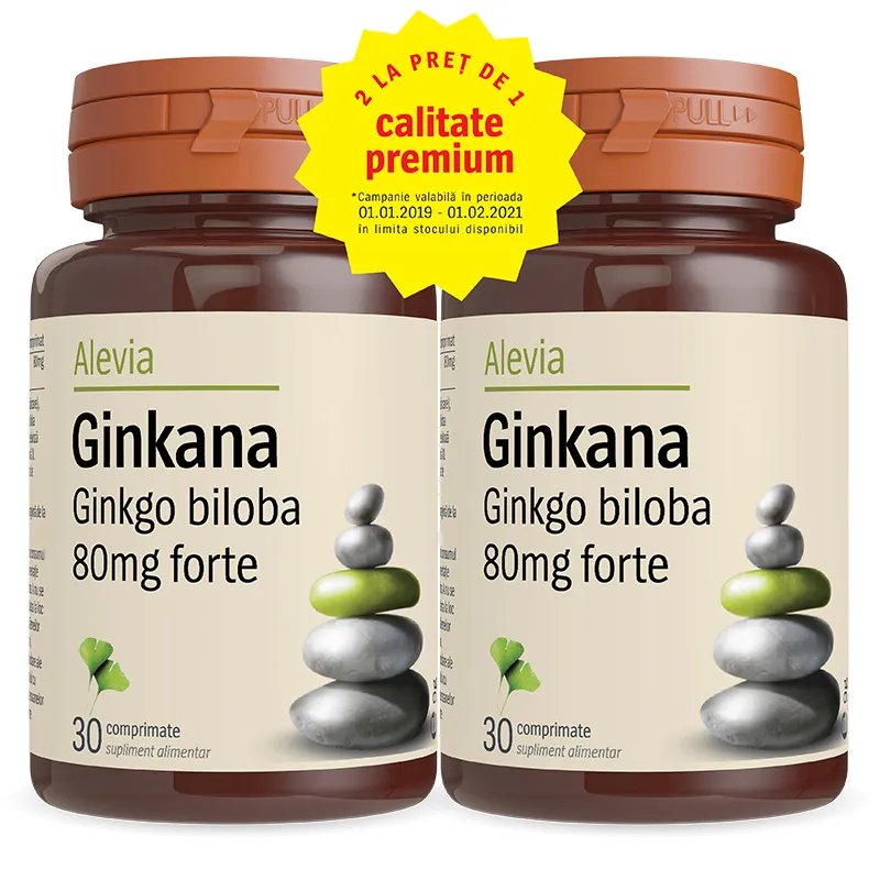 Pachet Ginkana Ginko Biloba Forte 80mg, 30 + 30 comprimate, Alevia