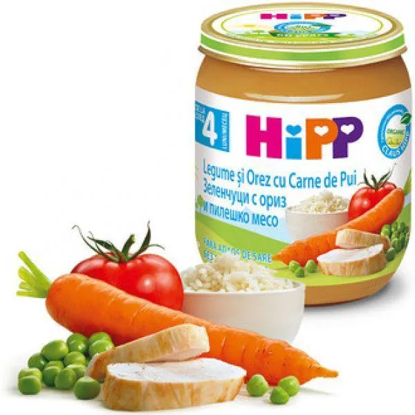 HIPP Legume si orez cu carne de pui BIO 4luni+, 125 g