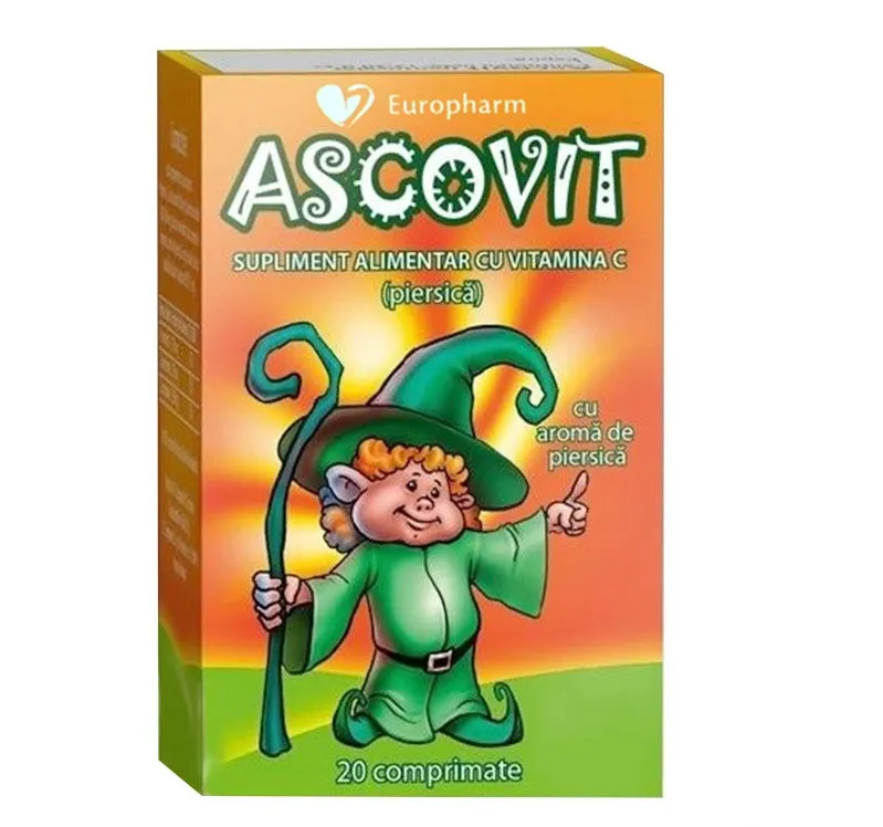 Ascovit cu Vitamina C aroma de piersica, 20 comprimate, Omega Pharm