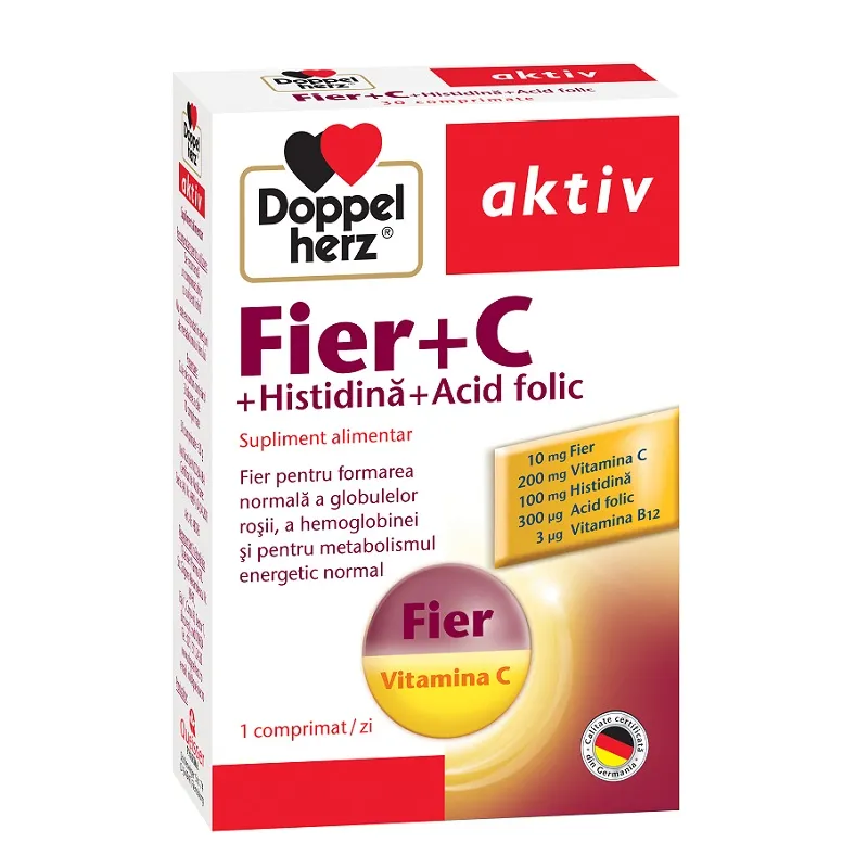 Doppelherz Fier+Vitamina C+Acid folic, 30 tablete