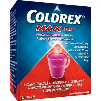 Coldrex MaxGrip fructe de padure si mentol, 10 plicuri, Perrigo