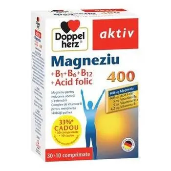 Magneziu 400 + B1 + B6 + B12 + Acid Folic, 30 + 10 comprimate, Doppelherz