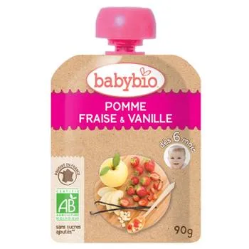 Desert bio din mere, capsuni si vanilie +6 luni, 90g, BabyBio