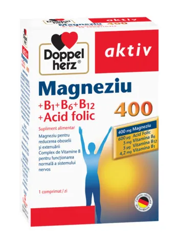 DOPPELHERZ AKTIV MAGNEZIU 400 + VITAMINELE B1 + B6 + B12 + ACID FOLIC 30 COMPRIMATE