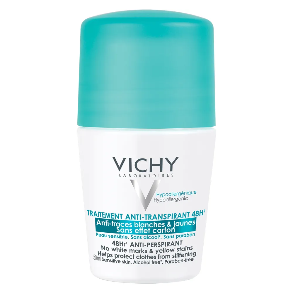 VICHY Deo Deodorant roll-on, Tratament Antiperspirant anti-urme albe sau galbene , eficacitate 48h, 50ml