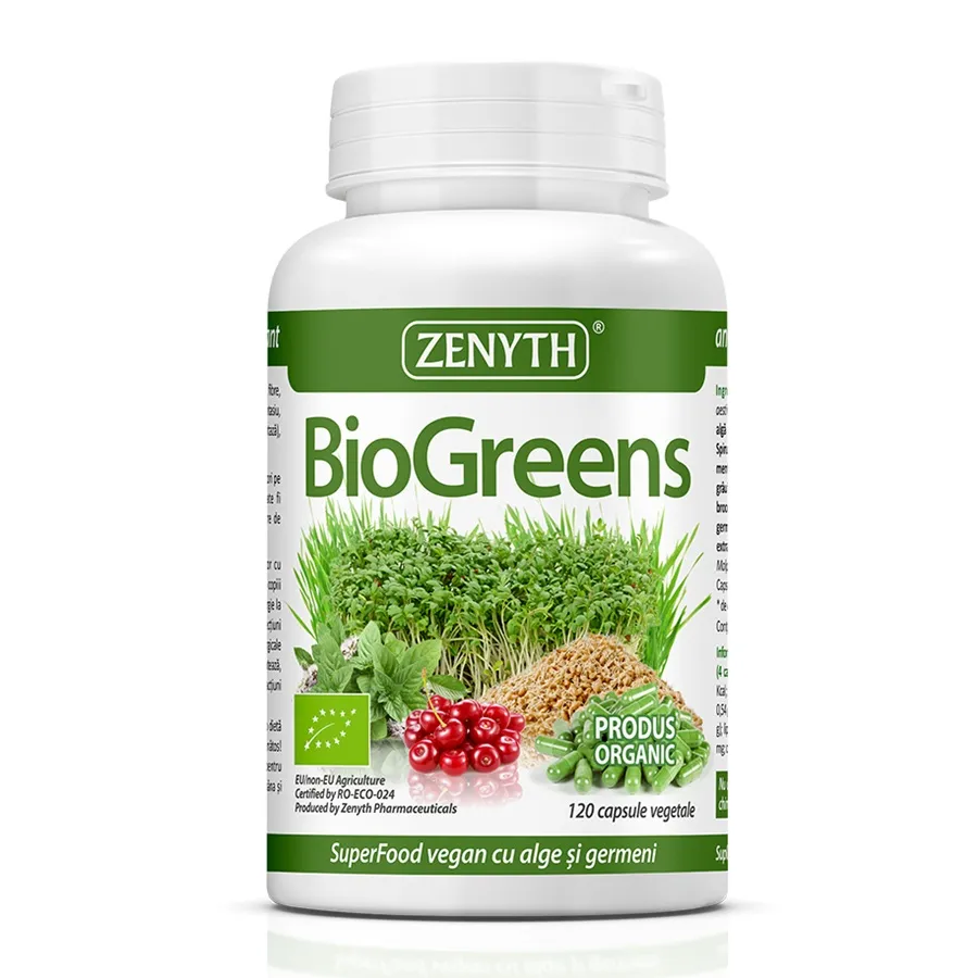 BioGreens SuperFood Organic cu germeni, alge si lastari, 120 capsule, Zenyth