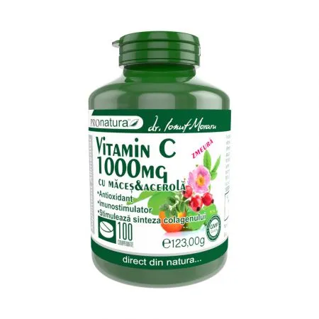 Vitamina C 1000 mg Zmeura cu macese si acerola, 100 comprimate, Pro Natura