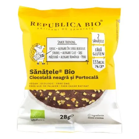 Sanatele Bio cu ciocolata neagra, portocala si orez brun, fara gluten, 28 g, Republica Bio