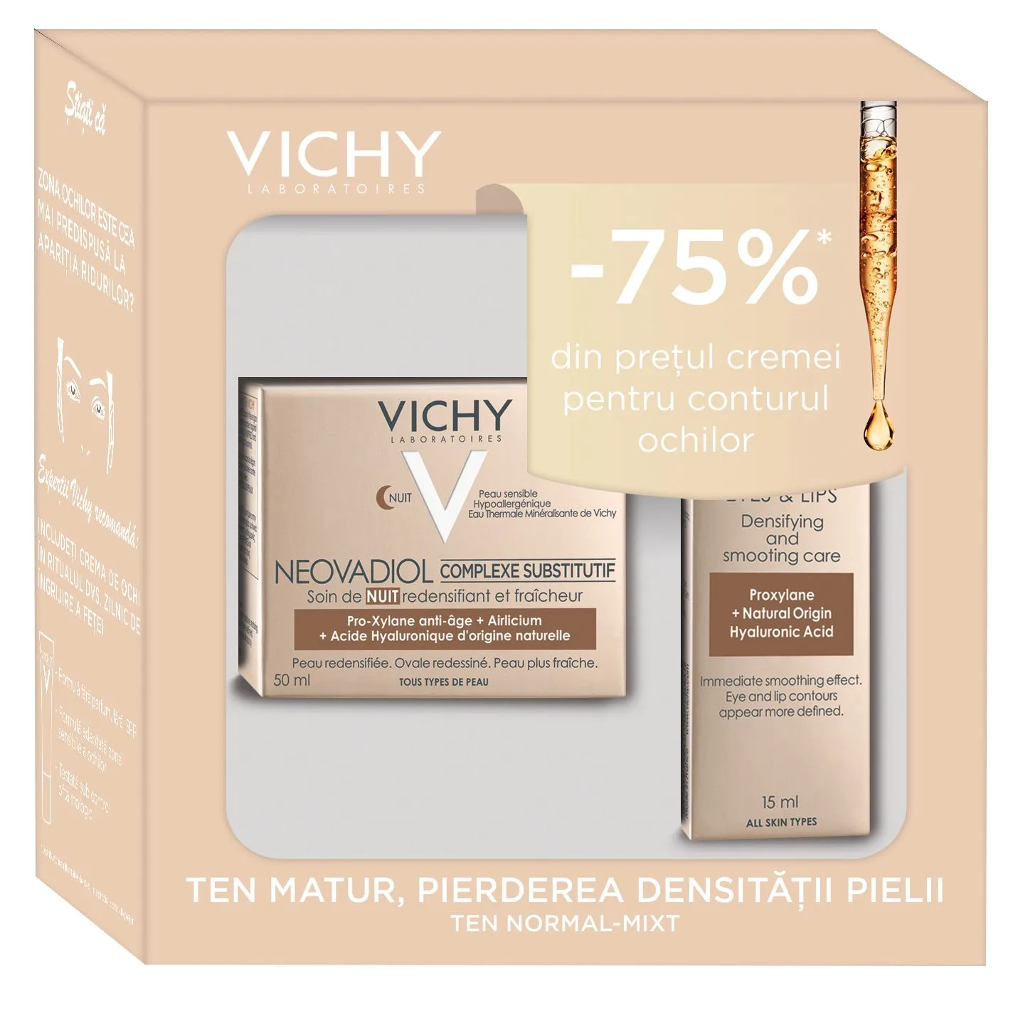 Vichy Pachet Crema reactivatoare fundamentala pentru tenul matur si uscat Neovadiol Complex Substitutiv, 50 ml  Crema contur ochi si buze Neovadiol, 15 ml