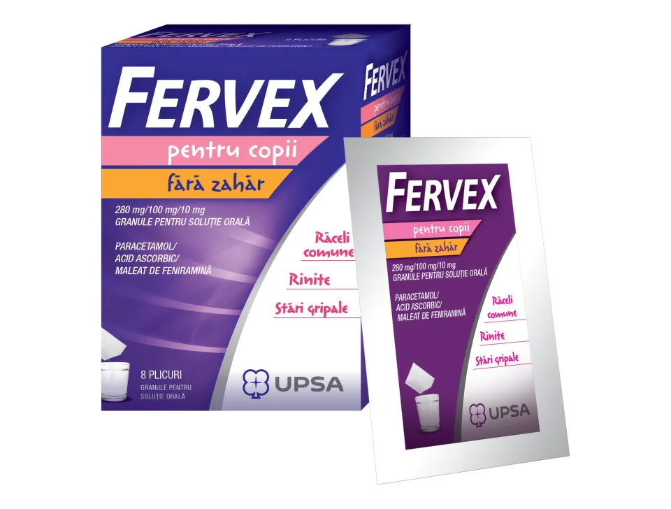 Fervex Raceala Si Gripa Pentru Copii Fara Zahar, 280mg/100mg/10mg, 8 Plicuri