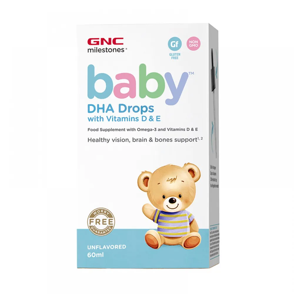 Baby Picaturi cu DHA + Vitamina D si E pentru bebelusi (60 ml), GNC Milestones