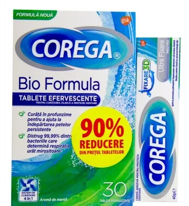 COREGA ULTRA FIXARE CREMA ADEZIVA 40G + TABS BIOFORMULA 30 TABLETE EFERFVESCENTA 90% REDUCERE LA AL 2-LEA PRODUS