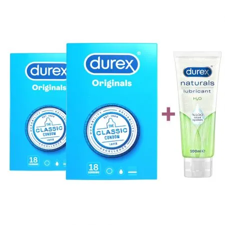 Pachet Prezervative Classic, 18 + 18 bucăți + Lubrifiant Naturals H2O, 100 ml, Durex