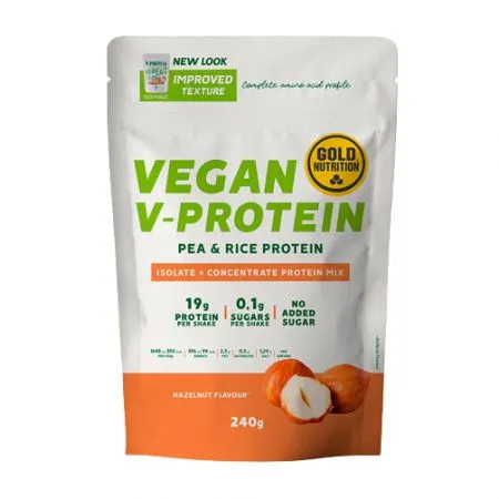 Pudra Proteica Vegetala V-Protein Alune de padure, 240 g, Gold Nutrition