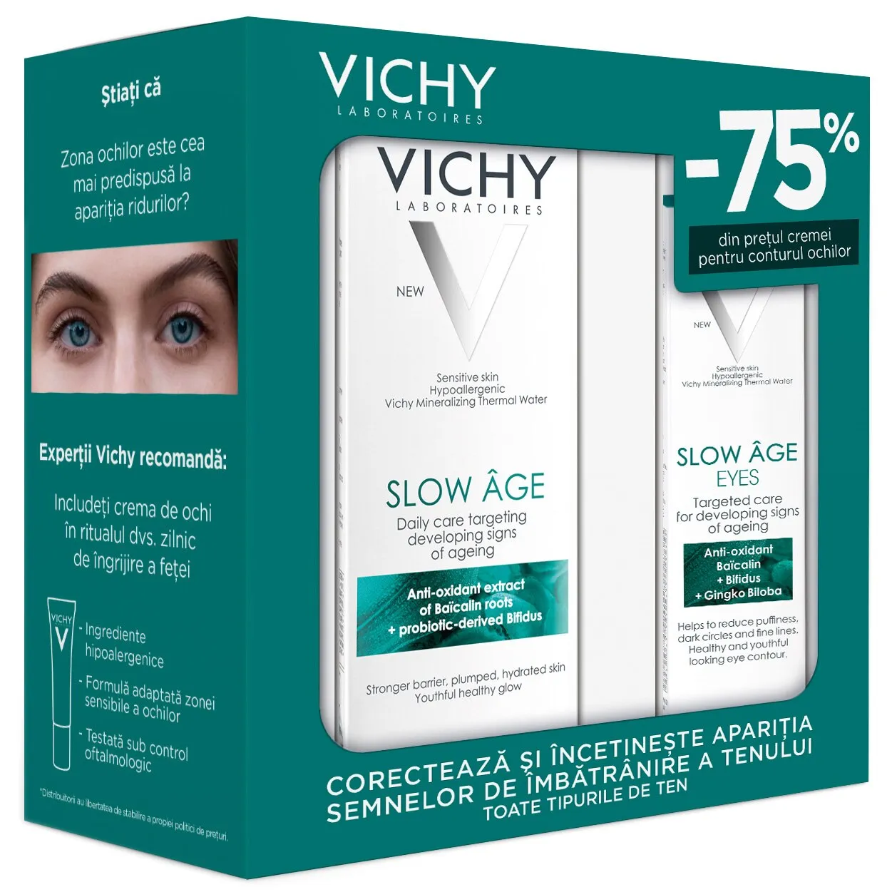 Pachet Vichy SLOW AGE Crema de zi cu efect de densificare si reconstituire pentru ten uscat, 50 ml + Crema de noapte SLOW AGE, 15 ml