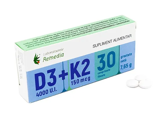 Vitamina D3 4000UI+Vitamina K2 150mcg x 30 comprimate - Lab.Remedia