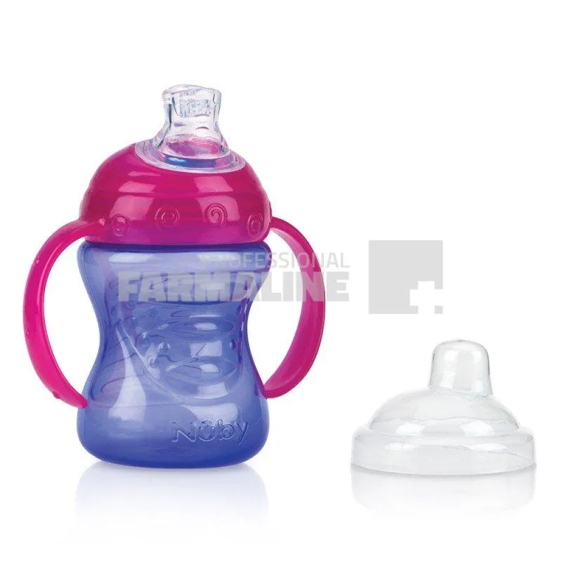 Nuby Pahar Stop picatura cu manere si Super Tetina Vari-Flo 6+ luni 240 ml