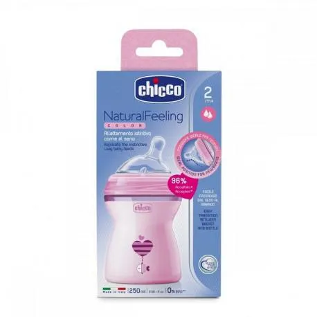 CHICCO Biberon Natural Feeling, plastic, ROZ, 2 luni +, 250 ml, tetină silicon, flux mediu