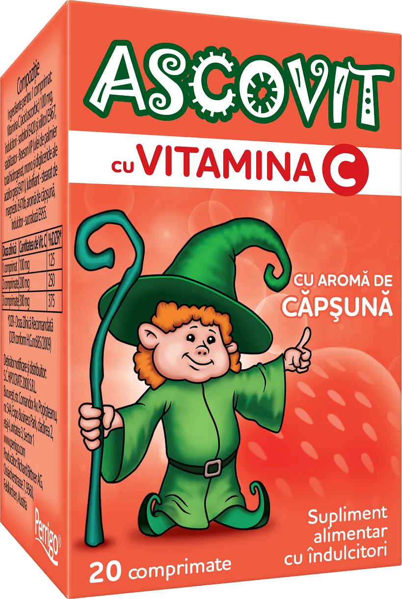 Ascovit cu Vitamina C, 20 comprimate cu aroma de capsuna, Omega Pharm