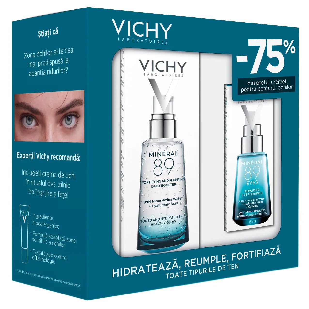 Vichy Pachet Gel-Booster zilnic cu efect de fortifiere si reumplere Mineral 89, 50 ml + Crema contur ochi Mineral 89