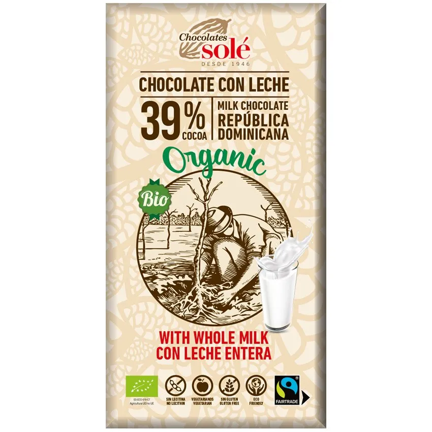 Ciocolata cu lapte eco 39% cacao, 100g, Chocolates Sole