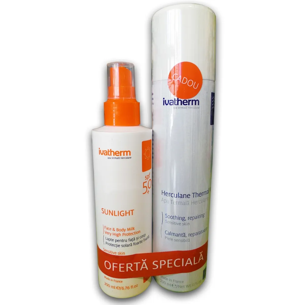 IVATHERM Pack Lapte protectie solara pentru fata si corp SPF 50 Sunlight 200 ml  Apa termala Herculane Spray 200 ml (75% reducere)