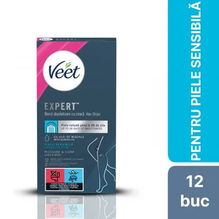 Benzi depilatoare pentru corp piele sensibila, 12 bucati 2 servetele, Veet