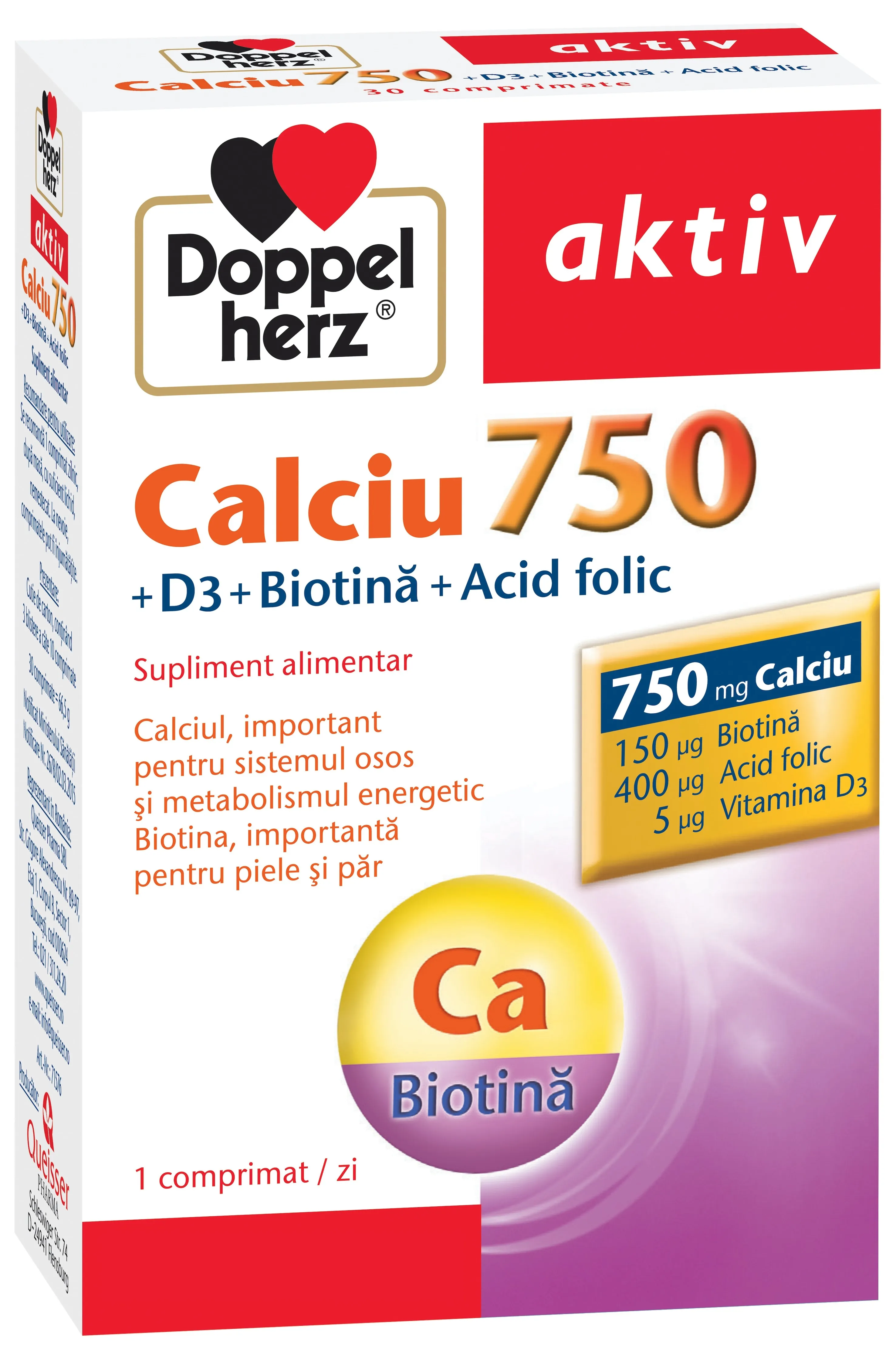 DOPPELHERZ Calciu 750mg + D3 + Biotina + Acid folic x 30 comprimate