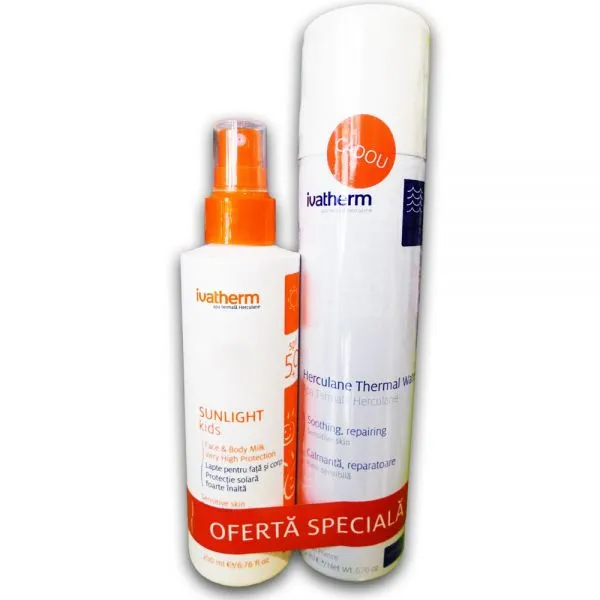 IVATHERM Pack Lapte protectie solara pentru fata si corp SPF 50 Kids 200 ml  Apa termala Herculane 200 ml (75% reducere)