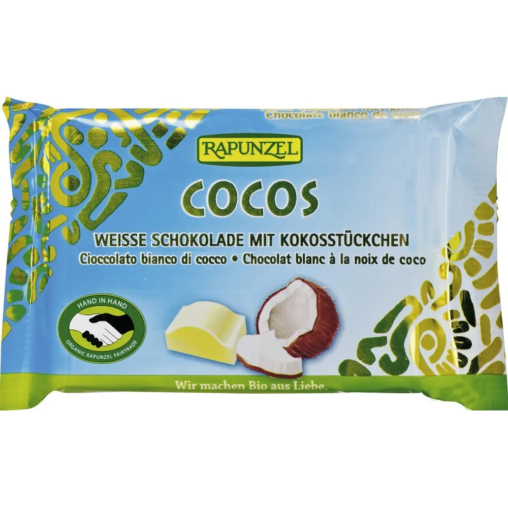 Ciocolata eco alba cu bucatele cocos,100g, Rapunzel