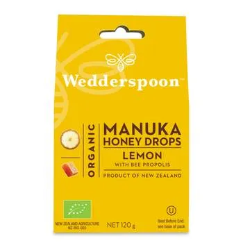 Bomboane ecologice cu miere de manuka, lamaie si propolis, 120g, Wedderspoon