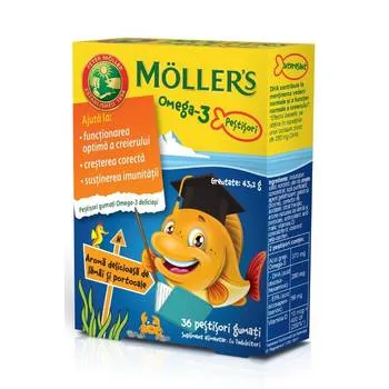 Pestisori gumati cu Omega 3 si aroma de lamai si portocale, 36 jeleuri, Moller's