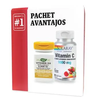 Pachet Vitamina C 1000mg + Vitamina D3 2000UI, 2 x 30 capsule, Secom