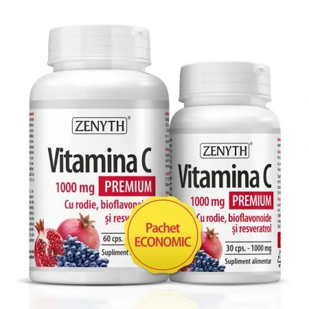 Vitamina C Premium cu rodie, bioflavonoide si resveratrol, 1000 mg, 60+30 capsule, Zenyth