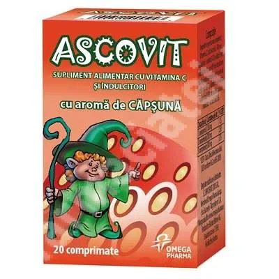 Ascovit cu Vitamina C aroma de capsuni, 20 comprimate, Omega Pharma