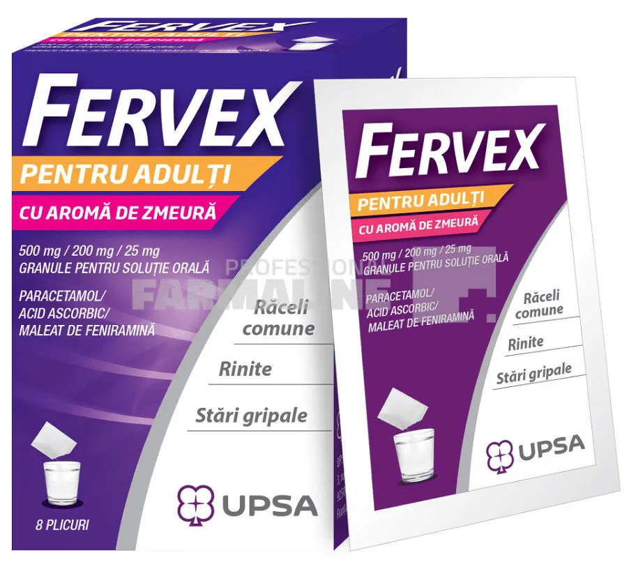 Fervex raceala si gripa pentru adulti cu aroma de zmeura, 500mg/200mg/25mg, 8 plicuri