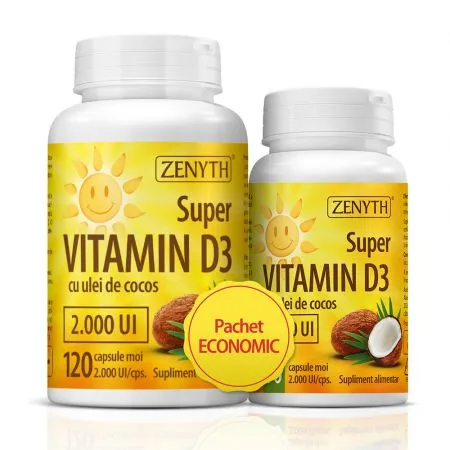 Pachet Super Vitamina D3 cu ulei de cocos 2000UI, 120 + 30 capsule, Zenyth