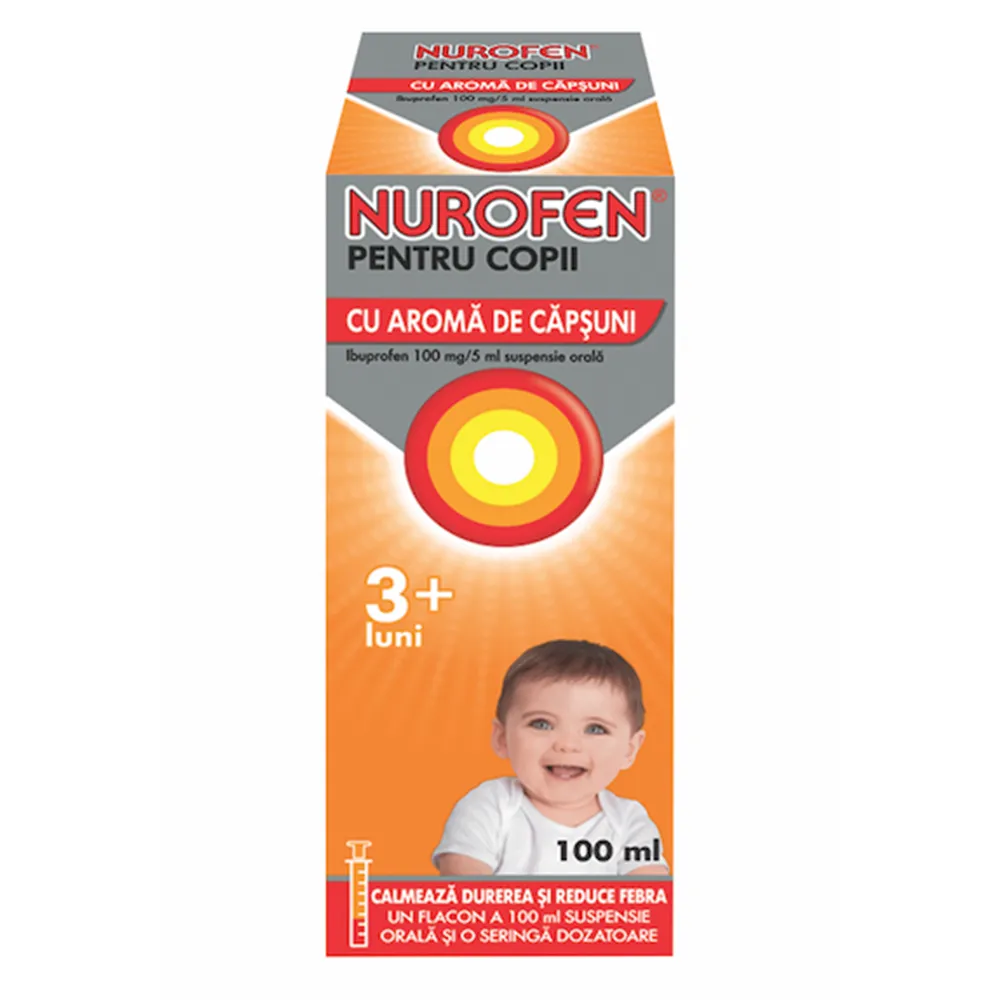 Nurofen 100 mg pentru copii 3 luni aroma de capsuni, 100 ml, Reckitt Benckiser Healthcare