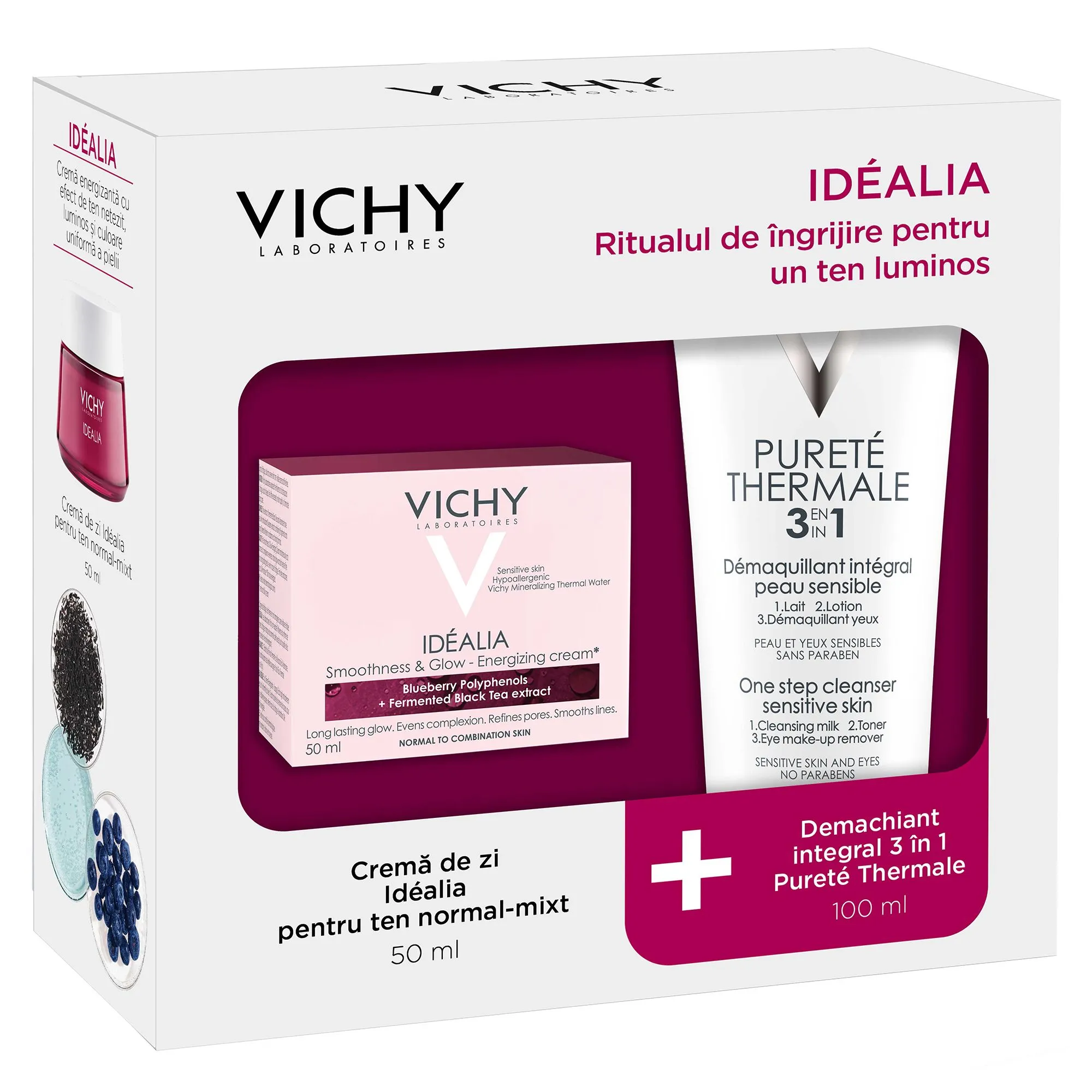 Pachet Crema energizanta cu efect de netezire si iluminare pentru tenul uscat Idealia, 50 ml, Vichy + Demachiant integral 3 in 1 Purete Thermale, 100 ml, Vichy