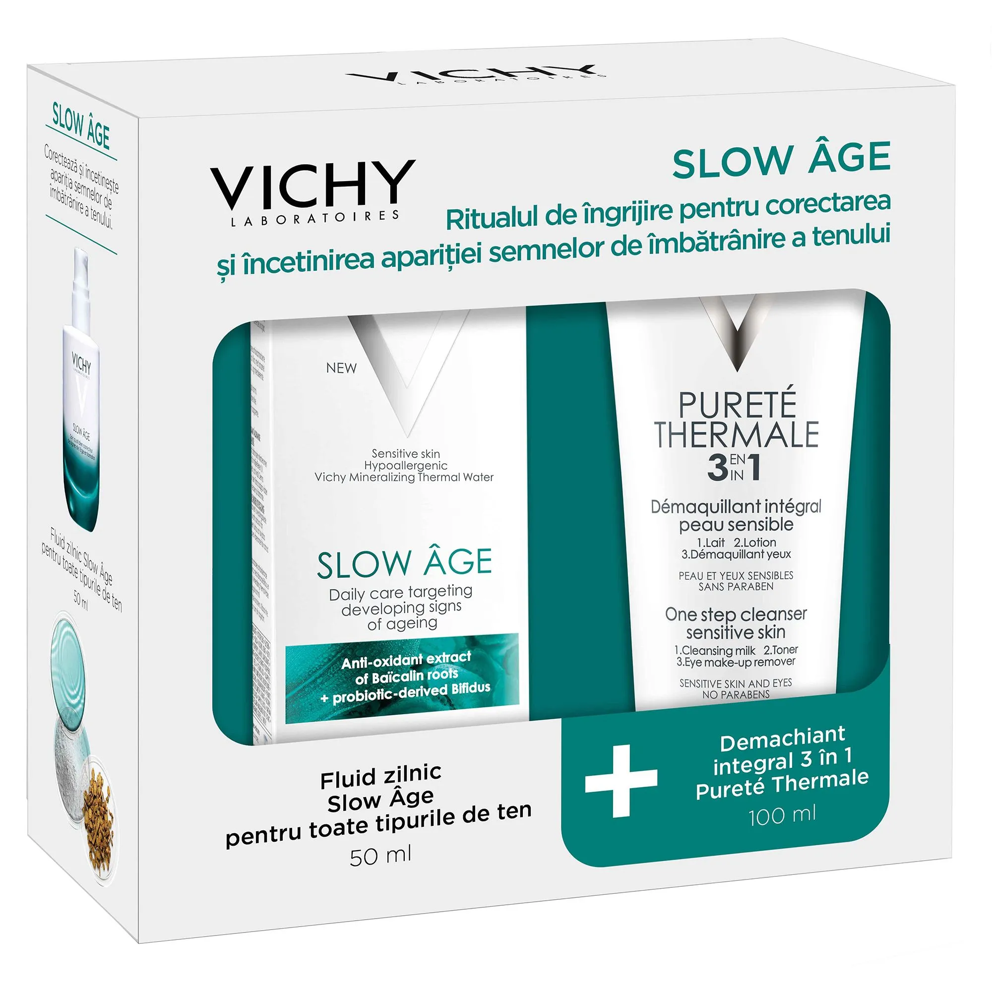 Pachet Fluid pentru corectarea si incetinirea aparitiei semnelor de imbatranire a tenului SPF 25 Slow Age, 50ml, Vichy   Demachiant integral 3 in 1 Purete Thermale, 100 ml, Vichy