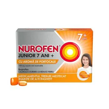 Nurofen Junior 7 ani+ 100 mg cu aroma de portocale, 24 capsule moi masticabile, Reckitt Benckiser