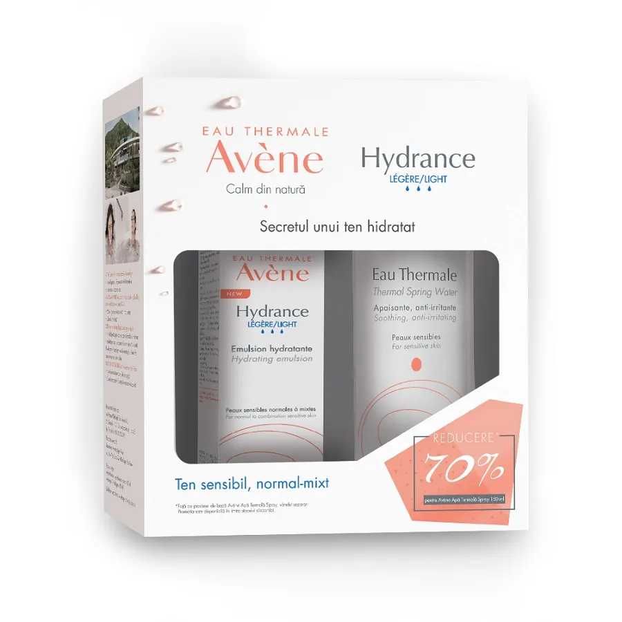 AVENE Pachet Emulsie pentru piele sensibila Hydrance Legere, 40 ml + Apa termala (70% reducere), 150 ml, Pierre Fabre