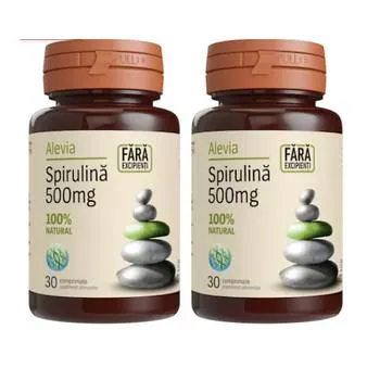 Pachet Spirulina 500mg 1+1 Gratuit, 2 x 30 comprimate, Alevia