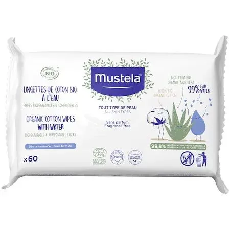 MUSTELA SERVETELE DE BUMBAC ORGANIC CU APA 60 BUCATI