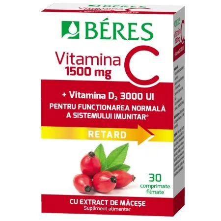 Vitamina C 1500 mg + Vitamina D3 3000 UI Retard, 30 comprimate filmate, Beres