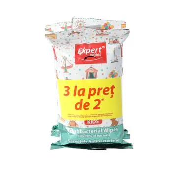 Pachet 3 la pret de 2 Servetele antibacteriene pentru copii, 15 bucati, Expert Wipes