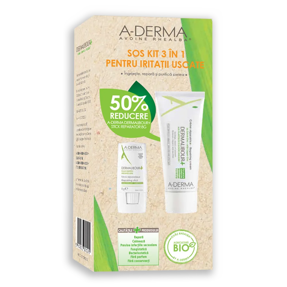 Pachet A-Derma Dermalibour Crema Reparatoare 100ml + A-Derma Dermalibour stick -50% reducere la al 2-lea produs