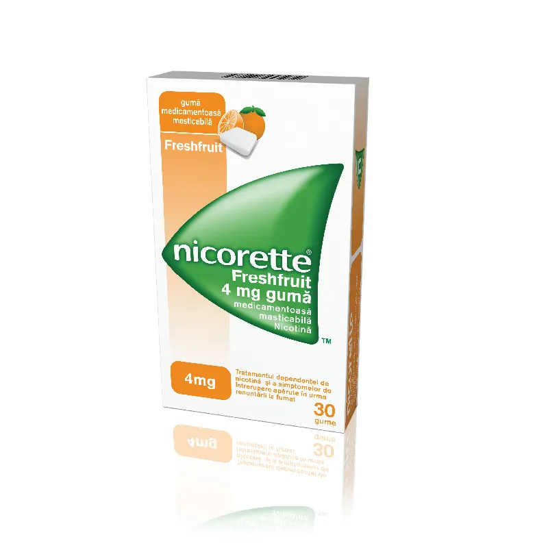 Nicorette Freshfruit guma de mestecat impotriva fumatului 4 mg, 30 gume, Mcneil