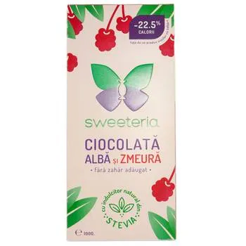 Ciocolata alba cu zmeura cu indulcitor din stevie, 100g, Sweeteria