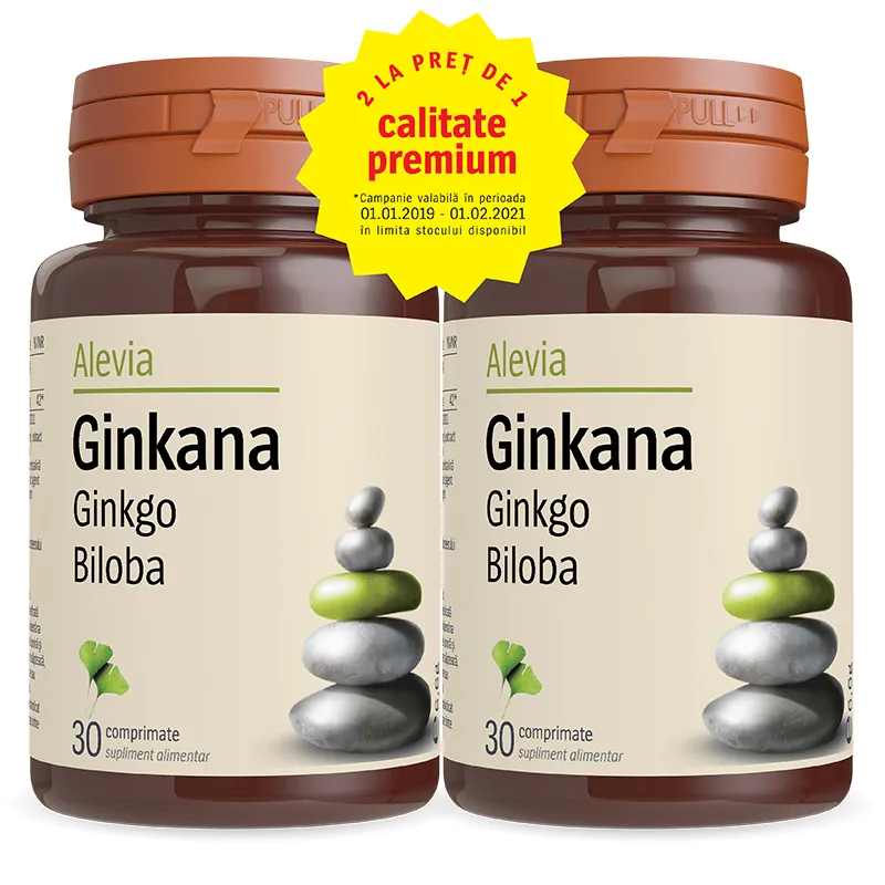 Pachet Ginkana Ginkgo Biloba 40 mg, 30 comprimate, Alevia (1+1)